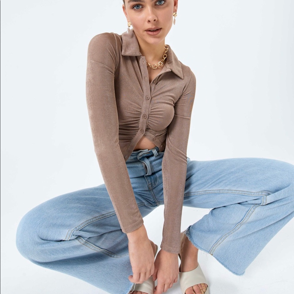 Brown Ruched Button Top